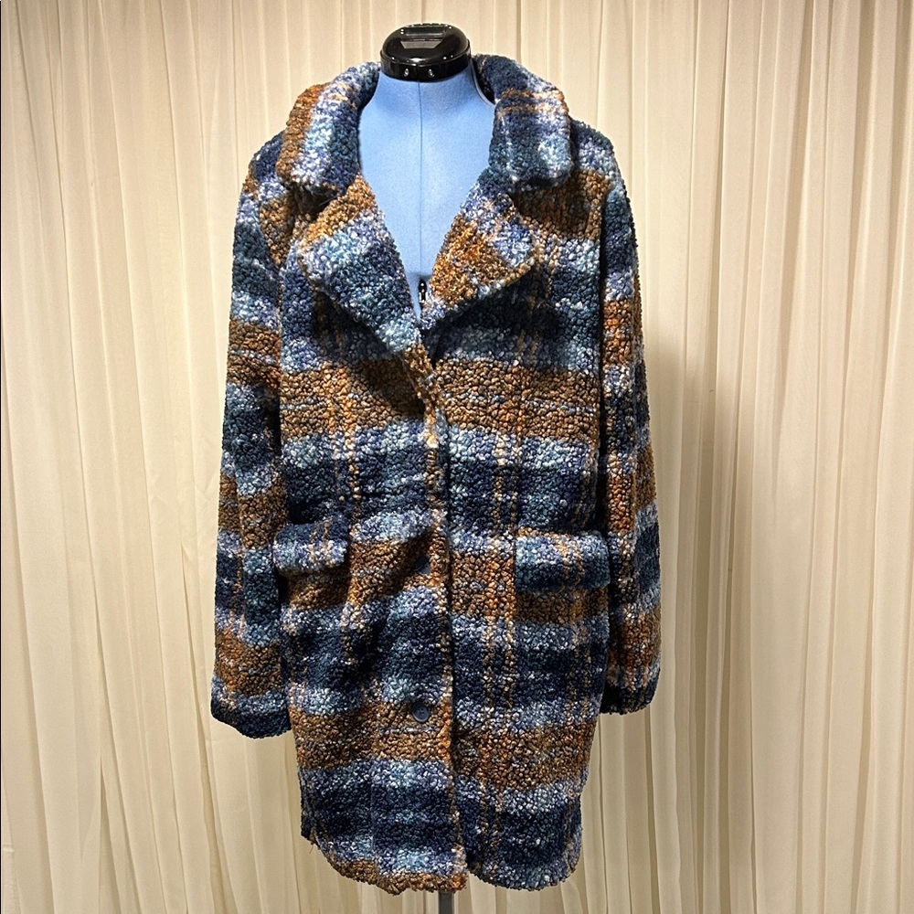 Stoosh Checkered Teddy Jacket in Blue and Tan